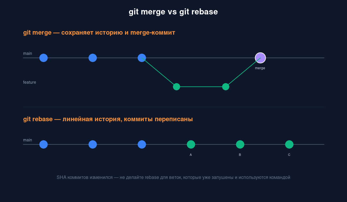 Сравнение поведения git merge и git rebase: merge добавляет коммит-слияние, rebase делает историю линейной