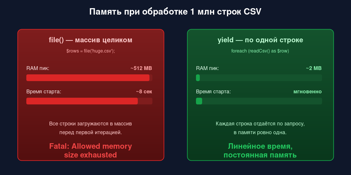 Сравнение потребления памяти при чтении CSV: file() против yield
