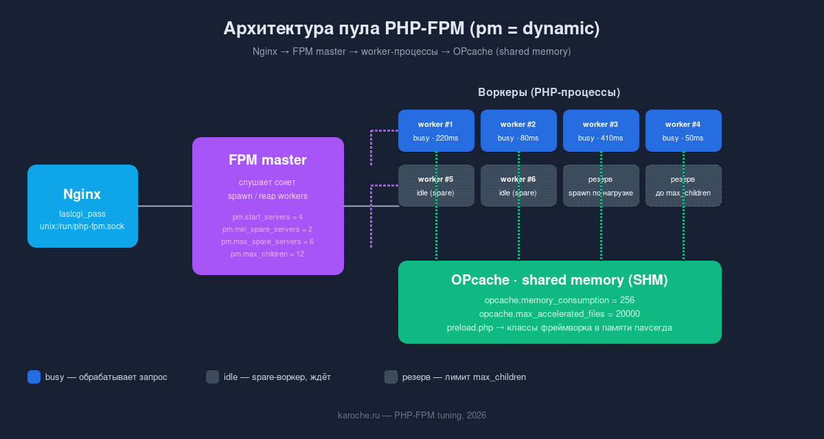 Архитектура пула PHP-FPM: Nginx, FPM master, workers и OPcache shared memory